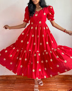 Load image into Gallery viewer, Red Maska Cotton With Price and Online Shopping Price Under 1000 . this Fabric For Wedding Special Price Under 1000 .  Step out in style with this Maska Cotton PrintWork  Dress. Crafted with lightweight, breathable fabric and a flattering 3.5-meter flare, it’s ideal for casual and festive occasions. Traditional Look For 2024-25 ,2025-26 .