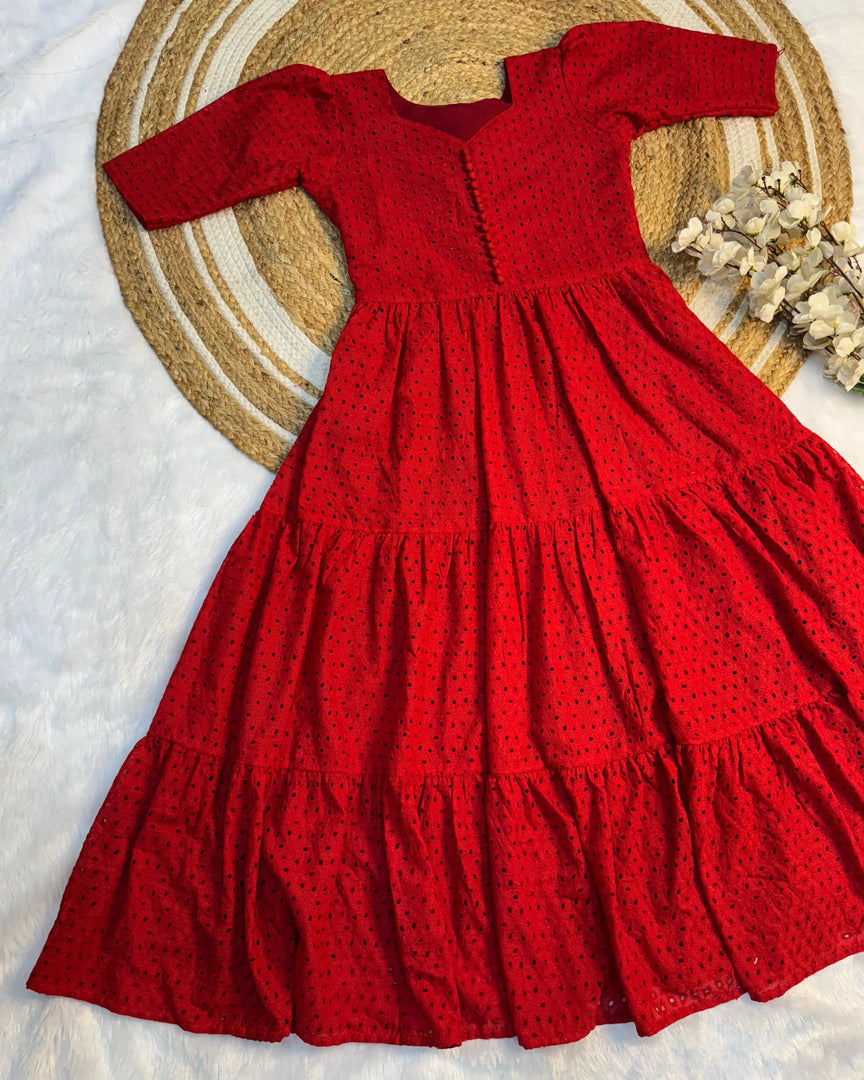 Elegant red gown with stylish back rope and designer pocket , Festive red layered gown for girls and women , Lightweight cotton red frock gown with lining and pocket , Red 3-layer cotton gown with ethnic Hakoba .