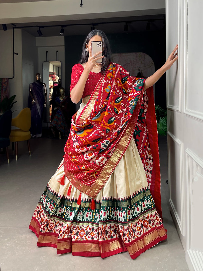Red Color Tussar Silk Dhavani Set and Half Saree . this Fabric Tussar Silk Dhavani Set With Price and Online Shopping Price 2000 . this Fabric Tussar Silk Soft and Smooth Fabric and Rich Lenga Border Rich  and Duptta Dark Green Color  most Authentic Color and Best Selling Product Price Under 2000 .