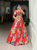 Load image into Gallery viewer, Red Tussar Silk Dhavani Set, Langa Voni , Half-Saree and Langa Voni With Price and Online Shopping Price Under 2000 . This Fabric Soft and Premium Fabric . This Red Flower Red Tussar Silk Lehenga Rajavadi Pattern With Floral Print This Lehenga Working Traditional Look For 2024-25 . This Lehenga Price Under 2000 .