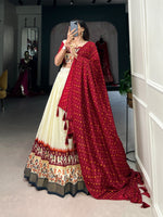 Load image into Gallery viewer, Red Color Tussar Silk Dhavani Set , Langa Voni , Davani Set and Half-Saree s With Price and Online Shopping Price Under 2000 . this Fabric So Heavy and Premium Rich Border . This Fabric Lehenga Work Patola Print With foil Print and Blouse Stitched and Work For Bandhej with patola Print and Foil Work and Dupatta Work Patola And Foil Printed With Both Side Tassels , Traditional Look For 2024-25 , 2025-26 .
