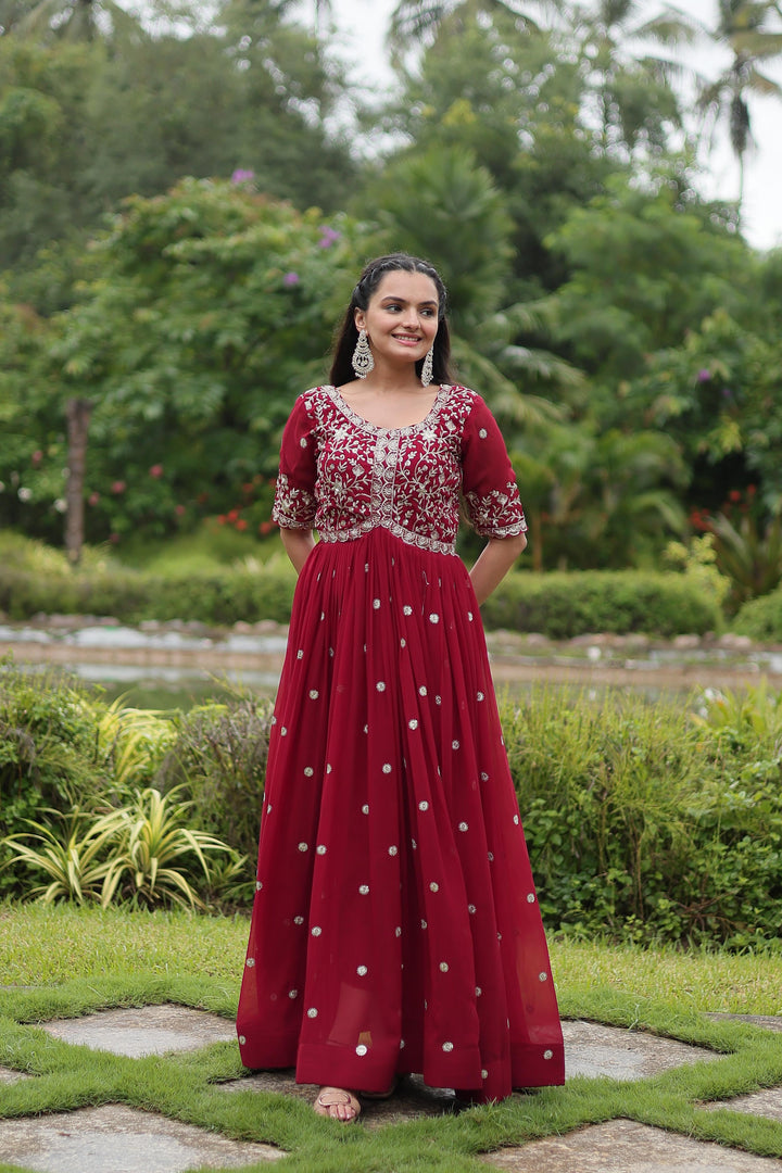 Red Color Faux Blooming Gown With Price and Best Night Party Online Shopping Price Under 1500 . this Fabric So Elegant Design and Embroidery Work and SO Fabric Faux Blooming with Embroidery Zari Sequins Working on The and Pure Red Color Faux Blooming Traditional fabric Model Using 2024-25 .