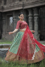 Load image into Gallery viewer, Red Kanjivaram Dhavani Set , Half-Saree , Langa Voni Price and Online Shopping Price Under 1499 . Red Kanjivaram Pattu Silk Half Saree features a fully stitched lehenga made of Kanjivaram silk with intricate zari weaving with a 3.5-meter flair and cotton inner lining. The lehenga includes a chain closure and dori latkan, stitched with canvas and cancan for structure. The unstitched blouse is crafted from dola silk with zari work .