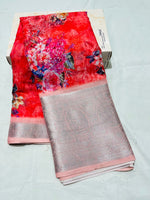 Load image into Gallery viewer, Red linen cotton sarees with price and Khadi linen sarees online Price under 2000 . This Fabric Linen Cotton FIrst manufacturing  Bhagalpur in the state of Bihar .