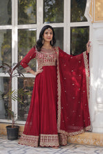 Load image into Gallery viewer, Red Embroidered Gown for Wedding
Bridal Red Zari Work Gown , Festive Wear Red Gown with Dupatta , Elegant Red Anarkali Style Gown
Party Wear Red Sequins Gown