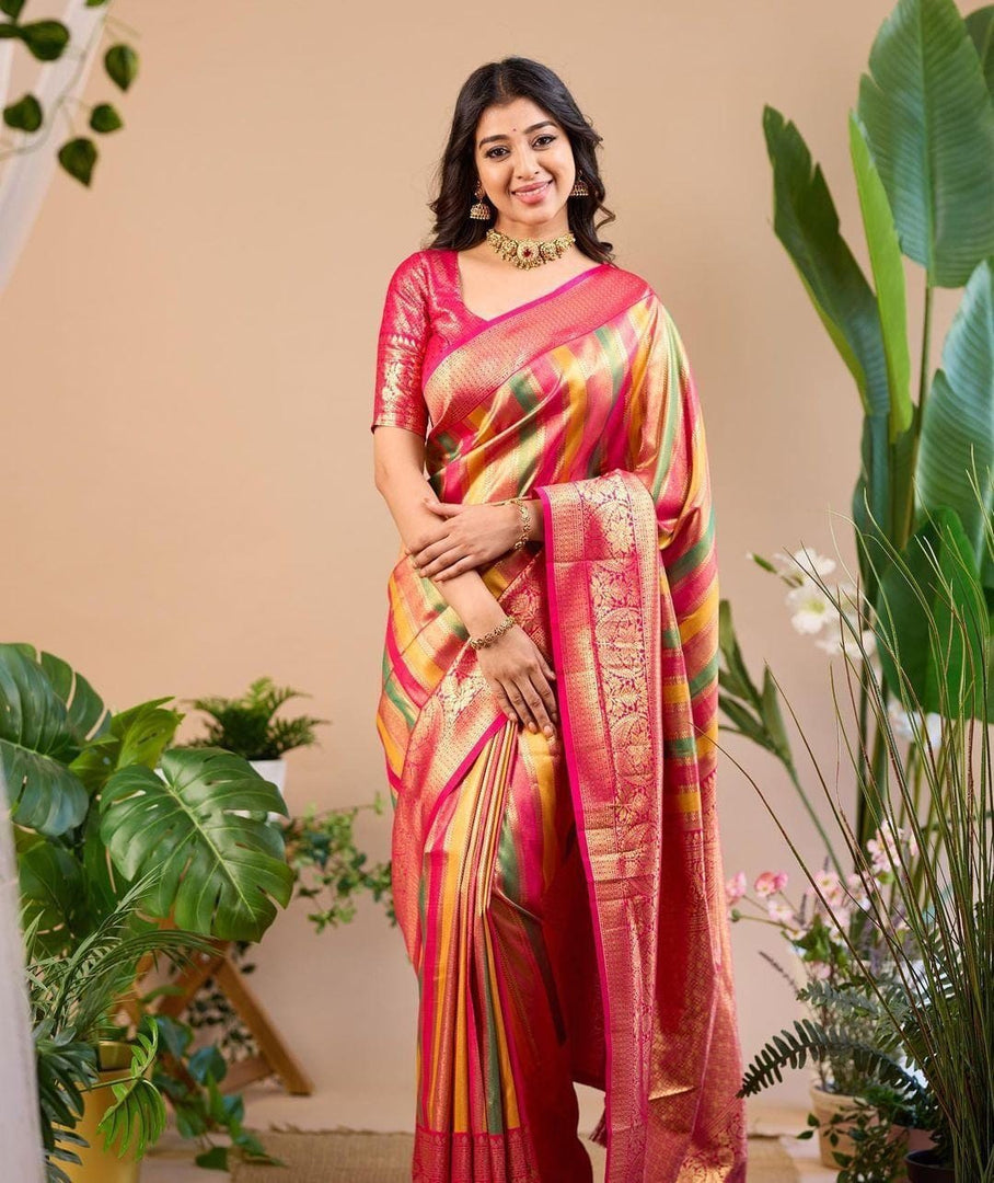 Pink Red Banarasi Silk Sarees With Price and Online Shopping Wear Collcetion Price Under 1500 . This Saree Fabric Banarasi Silk Saree Fully Gold Zari Weaving Work . This Saree Rajavadi Pattern and Rich Pallu Border zari weaving Work .