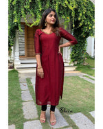 Load image into Gallery viewer, This kurti is made from pure lactose fabric with handwork detailing. It features a V-neck, half sleeves, and a length of 48 inches. Easy to care for with machine wash. Includes one piece per order.