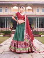 Load image into Gallery viewer, Red Tussar Silk Dhavani Set, Langa Voni , Half-Saree and Langa Voni With Price and Online Shopping Price Under 2000 . This Fabric Soft and Premium Fabric . This Green Tussar Silk Lehenga Rajavadi Pattern With Patola With Foil Print
This Lehenga Working Traditional Look For 2024-25 . This Lehenga Price Under 2000 .