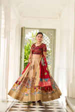 Load image into Gallery viewer, Red With Cream Dola Silk Langa Voni , Dhavni Set , Half-Saree and Davani Set With Price and online Shopping Price Under 1500 . This Fabric Dola Silk Red Color FOr
Weddings Collcetion. Celebrate tradition with this Dola Silk Kalamkari Lehenga Set available in stunning hues of Red . Comes with a printed blouse and weaving border dupatta for a complete ethnic look .