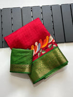 Load image into Gallery viewer, Rose Red soft dola silk sarees with price and online shopping price under 1000 . this red colour perrot design and green color border with gold zari weaving saree  design most rare case Show and this fabric red soft dola silk saree for weddings .
