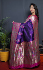 Load image into Gallery viewer, Royal Blue Pure Soft Silk Saree price and online shopping wear Collection . This Fabric Pure Silk Saree With Silver Zari Weaving Saree with pink Border . This pure soft silk saree price under 2500 .