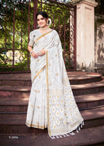 Load image into Gallery viewer, White cotton silk sarees with price and  White Saree with Golden Border Price Under 2000 . This Fabric White Cotton Silk Sarees For Weddings and Rich Pallu .this fabric Cotton  Silk Saree Jumka and Blouse RIch Price under 2000 .