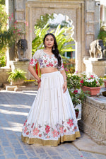 Load image into Gallery viewer, White Georgette Dhavani Set, Langa Voni , Davani Set , Half-Sarees With Price and Online Best Shopping Price Under 3000 . this Fabric White Georgette Dhavani Foe Weddings Wear Collection and This Blouses Unstitched and Flower 🌸 Design Embroidery Work Thread Sequins Work. This Fabric Georgette White Color Langa Davani Set Rich Zari Weaving Work Border . Traditional dhavani Set Woman Look 2025 , 2024 , 2026 .