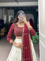 Load image into Gallery viewer, Krishnamurti Georgette White & Red Dhavani Set | Langa Davani Set | Shoppers Trend