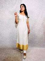 Load image into Gallery viewer, White Organza Kurti With Price and Online Shopping Price Under 500 . White Color So Sweet and Best Popular and best model Design Union Model . This Kurti Fabrics Organza Rich Premium Border Fully Gold Zari Weaving Work and Sleeve   Transfer Puff Half sleeves and Fully Lining checks with zari border . Traditional Look 2024-25 .