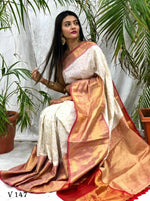 Load image into Gallery viewer, White Soft Kanjivaram Silk Sarees With Price 1500 . this Saree Most Unique Design and Online Best Shopping Price Under 1500 . this Saree Most Famous and Gold Zari Weaving Work and RIch Pallu . This Fabric Most design Famous for wedding and party wear Collceion.