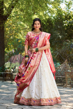 Load image into Gallery viewer, White Lehenga and Red Blouse and Dupatta Jacquard Silk Or Paithani Silk Langa Voni , Dhavani Set , Half-Saree and Davani Set Price and Online Shopping Price 3000 . this Fabric So Heavy and Zari Weaving Work and Heavy Dupatta Zari Weaving Work and Both side Tassels . This Fabric White With Red Color Blouse Jacquard Silk Dhavani Set Original and Best For Weddings Wear Collection Traditional Look For 2024-25 , 2025-26 .