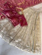 Load image into Gallery viewer, Luxurious Viscose Zari Tissue Silk Half-Saree featuring gold zari lehanga (3.5m stitched), embroidered blouse fabric (0.8m unstitched), and embellished voni (2.3m) with elegant cut work border.