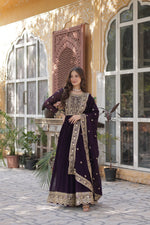 Load image into Gallery viewer, Wine Faux Blooming Embroidered Gown , Wine Color Party Wear Gown , Zari Sequins Work Wine Gown with Dupatta , Elegant Wine Color Gown Online , Wine Gown with Full Sleeves , Stylish Wine Gown with Fancy Dupatta , Wedding Special Wine Color Gown , Rich Embroidery Wine Gown for Women
, Wine Color Designer Long Gown
, Heavy Flair Wine Gown Online .