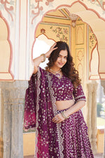 Load image into Gallery viewer, Elevate your ethnic wardrobe with the Divisha Pure Viscose Jacquard Dhavani Half Saree Set from Shoppers Trend. The full-stitched lehenga features pure viscose jacquard fabric adorned with delicate embroidered sequins, offering a rich texture and elegant shimmer. Measuring 42" in length with a 42" waist and a 3.5-meter flair, it ensures a flattering silhouette, secured with a chain and dori latkan closure for a perfect fit