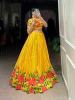 Load image into Gallery viewer, Yellow Tussar Silk Dhavani Set, Langa Voni , Half-Saree and Langa Voni With Price and Online Shopping Price Under 2000 . This Fabric Soft and Premium Fabric . This Red Flower Yellow Tussar Silk Lehenga Rajavadi Pattern With Floral Print This Lehenga Working Traditional Look For 2024-25 . This Lehenga Price Under 2000 .