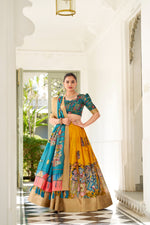 Load image into Gallery viewer, Yellow Dola Silk Half-Saree , Davani Set With Price and best For Weddings Collection Wear Price Under 1500 . Radiate elegance in this Dola Silk Kalamkari Print Lehenga Set. Available in bold colors like Yellow it features intricate weaving and a tassel-detailed dupatta.
