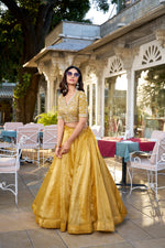 Load image into Gallery viewer, Yellow Goldie Dhavani Set , Langa Voni , Half-Saree and Davani Set With Price and Online Shopping Price Under 2500 . Discover the Ethereal Beauty of Yellow Goldie Fabric Dhavani Set and Half-Saree . Feather-light, soft-textured, and exquisitely detailed, this fabric is perfect for modern weddings and festive wear . This Fabric Price and Online Shopping Price Under Price Rs.2500 .