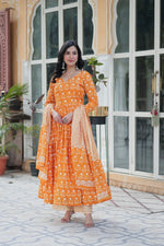 Load image into Gallery viewer, Yellow pure cotton kurti set for women , Elegant yellow kurti with full sleeves , Cotton yellow kurti with dupatta combo , Yellow kurta palazzo set for daily wear , Summer special yellow cotton kurti set , Yellow kurti and pant set with dupatta , Stylish V neck yellow cotton kurti , Yellow ethnic kurti set for festive wear .
