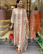 Load image into Gallery viewer, Cream Satin Kurti WIth Price and Best For Wedding ThIs Kurti price Under 1500 . this Fabric Satin Rani Color Stone Work this Kurti . this Fabric Multi Color Dupatta and Rani Pent This include Fabric Rich Border With Zari Weaving Work .  This Popular Best Selling and Most Famous Fabric and Round  Necks .Traditional Look 2024-25 . 
