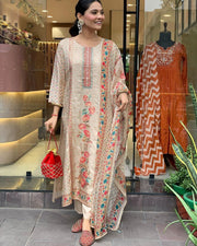 Cream Satin Kurti WIth Price and Best For Wedding ThIs Kurti price Under 1500 . this Fabric Satin Rani Color Stone Work this Kurti . this Fabric Multi Color Dupatta and Rani Pent This include Fabric Rich Border With Zari Weaving Work .  This Popular Best Selling and Most Famous Fabric and Round  Necks .Traditional Look 2024-25 . 