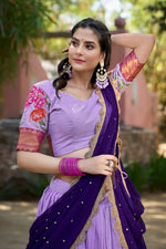 Load image into Gallery viewer, Cotton Silk Dhavani with stitched embroidered lehenga (42&quot; waist), unstitched blouse with zari work, and sequined Georgette dupatta - Price Under 2500 / 2000 . 


