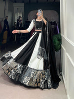 Load image into Gallery viewer, Black Rayon Lehenga with Mirror Work , Elegant Black Lehenga for Evening Party , Black Printed Lehenga with Dupatta , Designer Black Lehenga Choli , Heavy Flair Black Lehenga for Wedding , Stylish Black Lehenga Set for Women , Black Lehenga with Paper Mirror Lace , Black Color Lehenga Choli Online , Fancy Black Rayon Lehenga
, Black Lehenga for Reception Party . 
