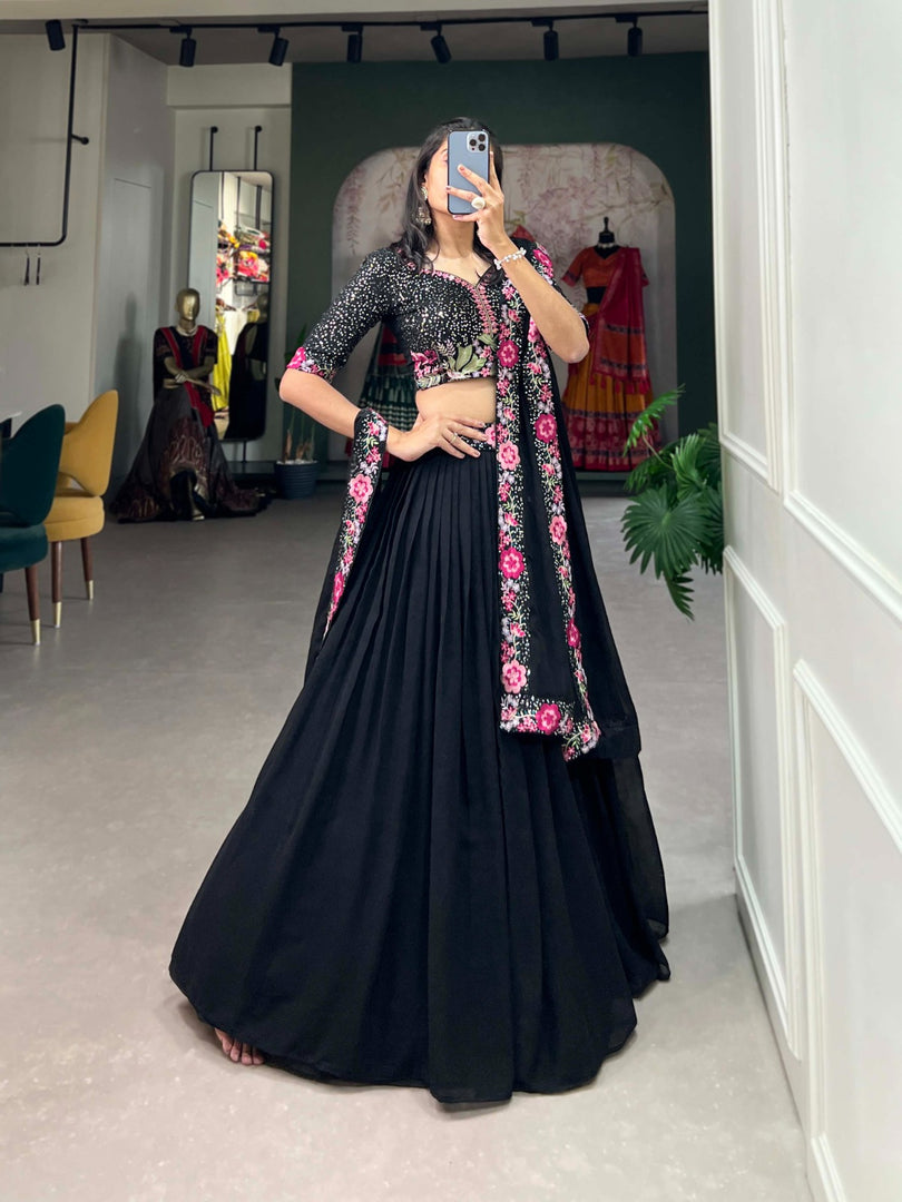 Black Color Georgette Dhavani Set , Langa Voni , Half-Saree and Langa Davani Set Price and Online Shopping Price Under 2500 , this Fabric So Heavy and Black Color Rare Case Using Lehenga Plain With Sequins and Thread Embroidery Work Belt , Blouse Sequins and Thread Embroidery Work and and Dupatta Plain With Sequins and Thread Embroidery Work , Traditional Look For 2024-25 , 2025-26 .
