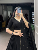 Load image into Gallery viewer, Beautiful Crafted Black Pure Chanderi Dhavani Set with Price and Online Shopping Best Price Under 2000 . This Fabric Pure Chanderi Soft and Lehnga Crafted Border Rich Design and Dupatta Red Combination Design Most Authentic Davani Set , Half Saree . 
