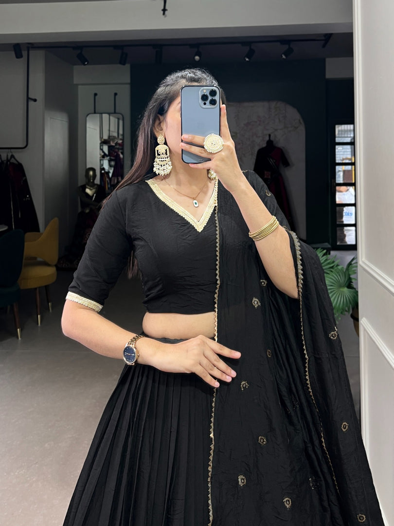 Beautiful Crafted Black Pure Chanderi Dhavani Set with Price and Online Shopping Best Price Under 2000 . This Fabric Pure Chanderi Soft and Lehnga Crafted Border Rich Design and Dupatta Red Combination Design Most Authentic Davani Set , Half Saree . 