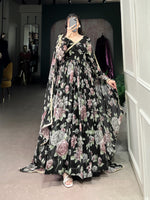 Load image into Gallery viewer, Black Color Marbel Anarkali , Flower Design , Floral Printed With Lace Top Up Anarkali Price and Online Shopping Price Under 1500 . this Fabric For Black Marbel Anarkali For Best Choise Mahoram , Ramzan and Ugadi Special Wear Collection this Anarkali For Best Price Under 1500 .
