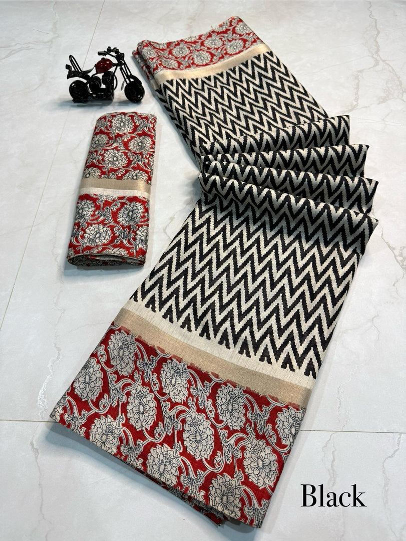 Black Color Mul Mul Cotton Saree Fine Mul Mul Cotton Saree with artisanal Zari Weaving. Measures 6.3m and includes matching blouse. Machine washable for convenient care - Shop Now Shoppers Trend
