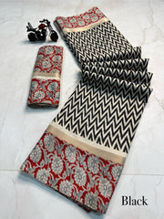 Black Color Mul Mul Cotton Saree Fine Mul Mul Cotton Saree with artisanal Zari Weaving. Measures 6.3m and includes matching blouse. Machine washable for convenient care - Shop Now Shoppers Trend
