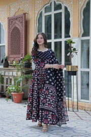 Elegant Pure Cotton Anarkali set featuring a 52-inch top with half cotton lining, fancy round neck, and matching sleeves. Includes elastic-waist bottom and a 2  meter dupatta. All pieces crafted from premium pure cotton for comfort and style.