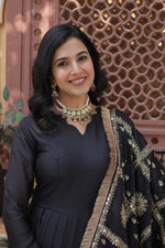 Load image into Gallery viewer, Party wear Black georgette gown set , Embroidered Black gown with cotton lining , Fancy black gown with full sleeves and dupatta . 
