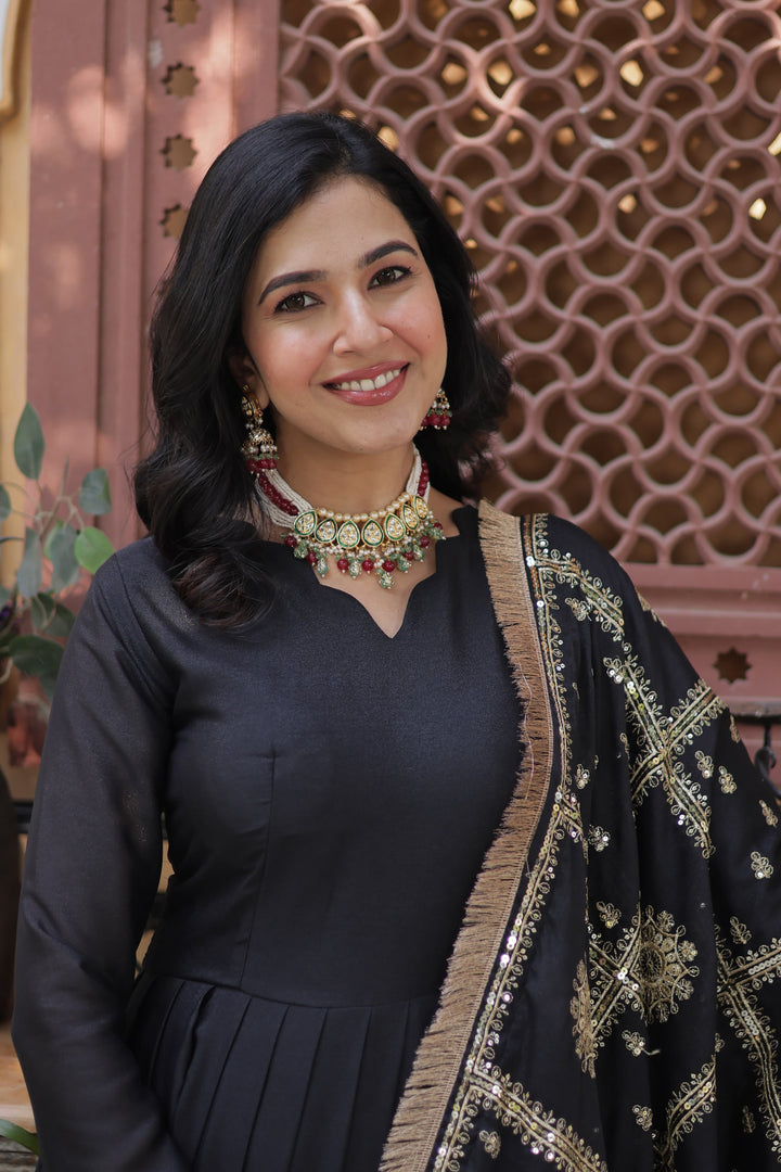 Party wear Black georgette gown set , Embroidered Black gown with cotton lining , Fancy black gown with full sleeves and dupatta . 