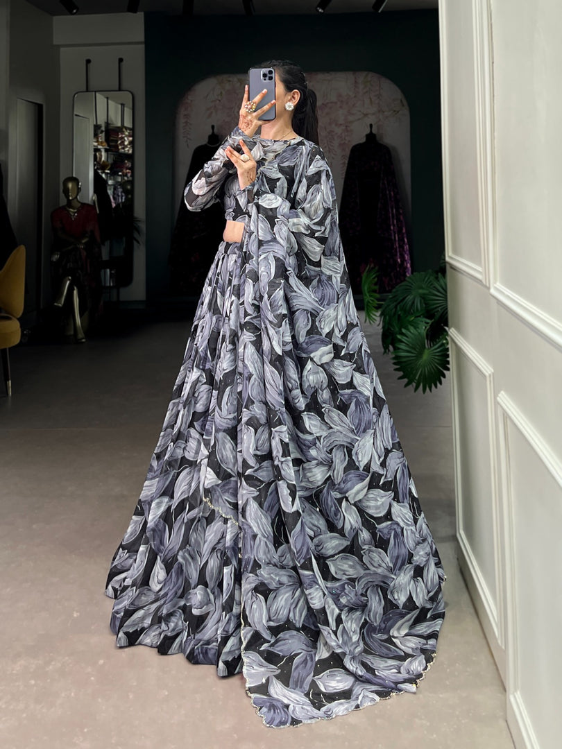  Black Or Gray Type Tabby Silk Dhavani Set | Langa Voni , Davani Set and Half-Sarees Price and Online Shopping Price Under 2500 , This Printed With Printed With Hotfix Dhavani Set features printing and a drawstring . The set also includes a stitched canvas and attached Can , an stitched blouse with printing, a Dupatta, and Printed With Hotfix. Traditional Look For 2024-25 , 2025-26 . 