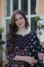 Load image into Gallery viewer, Black cotton kurti set with dupatta , 
Stylish black kurti pant set for women , Black kurti set with elastic waist pant , Classic black kurti with cotton dupatta , Designer black kurti 3-piece set , Pure cotton black suit for daily wear .
