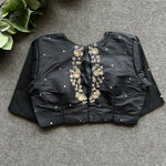 Load image into Gallery viewer, Black Elzara Slik Stitched Blouse With Price and Online Shopping Price Under 1500 .  this Fabric Heavy Silk and Elzara Silk With Embroidery work and Heavy Work , This Fabric Height 15 inch and 10 Inch Sleeve, Traditional Look For 2025-26 .  

