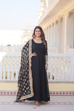 Load image into Gallery viewer, Black Faux Blooming Anarkali Embroidery Work with Round Neck Embroidered Gown with Designer Lace Sequins Embroidered work with designer lace border With Price and Online Best Shopping Price Under 2000 . Faux blooming gown with Sequins Embroidered Multi-Sequins work, full sleeves, and a 2.30 meter dupatta. Available in rich Black . Perfect for festive occasions . Traditional Look For Anarkali 2025-26 . 
