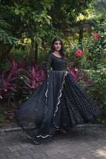 Load image into Gallery viewer, Black Faux Georgette Anarkali Chex Sequins Embroidery and Dupatta With Price and Online Shopping Price Under 2000 . this Fabric Anarkali gown in faux georgette fabric with parallel chex sequins embroidery. Comes with a 2.3-meter silk dupatta and full cotton lining. Available in two elegant colors Black and Purple . 
