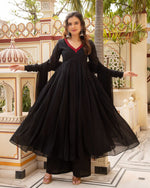 Load image into Gallery viewer, Black Fox Georgette Anarkali With Price and Online Best Choise Shopping Price Under 1500 . this Fabric Elegant Fox Georgette Anarkali set with intricate embroidery work, paired with a matching dupatta and pant. 48-inch length and machine washable for easy care. Traditional Look For 2024-25 , 2025-26 . 
