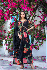 Load image into Gallery viewer, Black Georgette Anarkali With Price and Online Shopping Price Under 1500 . this Fabric Stylish 52-inch Anarkali gown with soothing georgette fabric, sequins embroidery, and full lining. Comes with a 2.25-meter dupatta featuring work lace. Perfect for gatherings.
