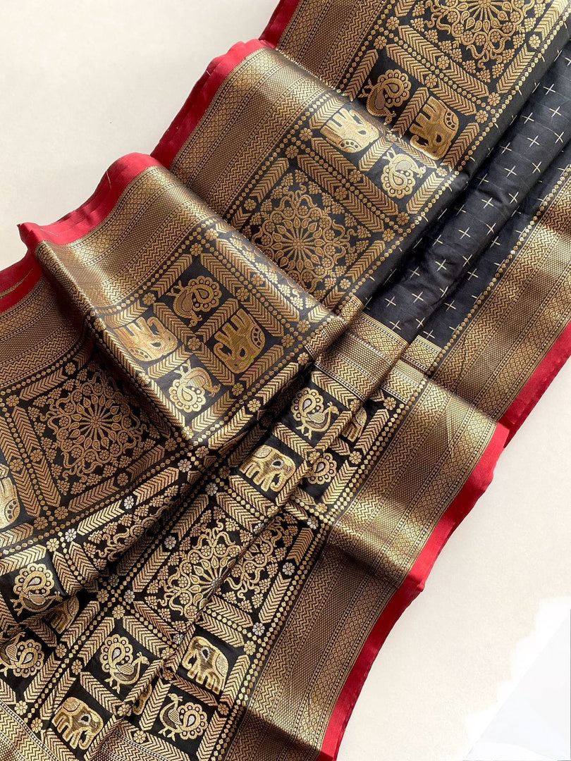 Elegant Black Kanjivaram saree featuring intricate jacquard weaving and premium fabric. Ideal for weddings and parties. Available online under ₹2000. and This Fabric Kanjivaram Saree For Wedding and any Occasion This Saree . 