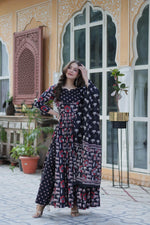 Load image into Gallery viewer, Digital Printed Black Pure cotton Anarkali set with 52-inch top (half-lined), fancy round neck, 40-inch bottom with adjustable 44 waist, and 2.20-meter cotton dupatta.


